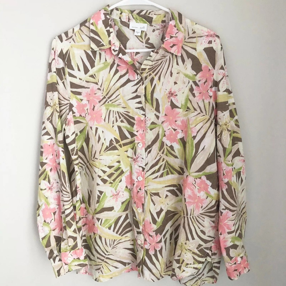 J Jill Love Linen Top Tropical Floral Long Sleeve Button Up F28